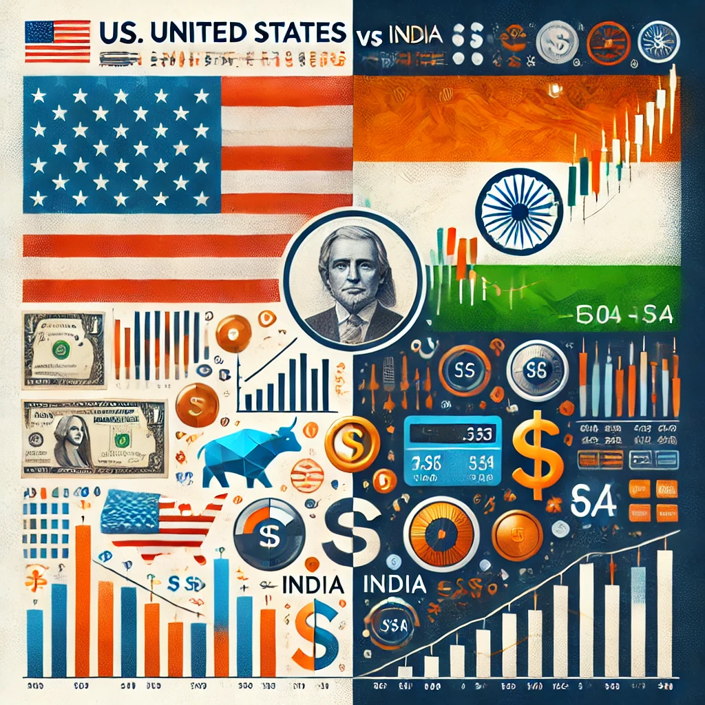 A comparison between US and India fundamental analysis for stock market investing. The image should have two sections: one representing the United States with charts, financial symbols, and dollar signs, and the other representing India with Indian currency symbols, market data, and stock charts. The image should visually showcase the differences in market analysis between the two countries, with a clean and professional design.