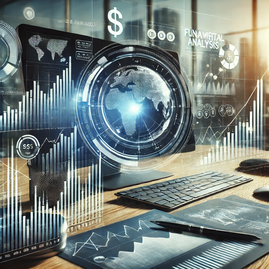 A professional and modern image representing financial analysis, featuring charts, graphs, and a computer screen displaying stock data, with a focus on U.S. financial markets. The image should convey the idea of analyzing stocks using fundamental analysis. Include financial symbols, such as the dollar sign, and a modern office setting to give it a professional, business-oriented feel. The image should be sleek, dynamic, and visually appealing to investors and finance professionals.